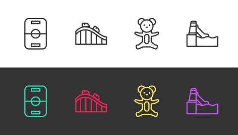 Set line Hockey table, Roller coaster, Teddy bear plush toy and Water slide on Stock Illustration
