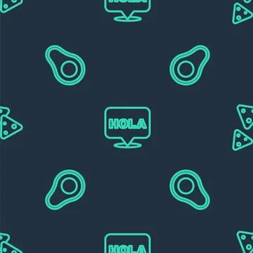 Set line Hola, Avocado fruit and Nachos on seamless pattern. Vector Stock Illustration