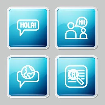 Set line Hola in different languages, Two sitting men talking, Learning for.. Stock Illustration