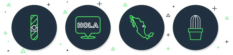 Set line Hola, Map of mexican, Cigar and Cactus or succulent in pot icon. Vector Stock Illustration