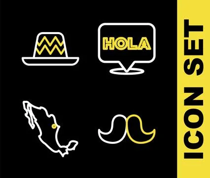 Set line Hola, Mustache, Map of mexican and Mexican sombrero icon. Vector Stock Illustration