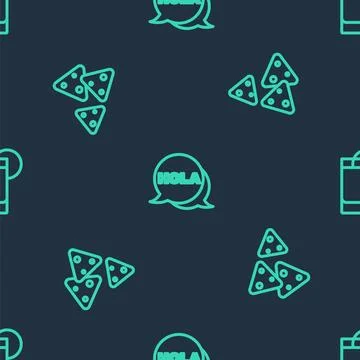 Set line Hola, Nachos and Tequila glass with lemon on seamless pattern. Vecto Stock Illustration