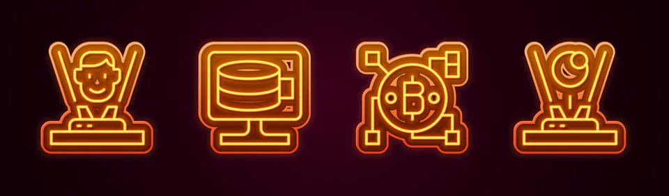 Set line Hologram, Cloud database, Blockchain technology Bitcoin and . Glowing Stock Illustration