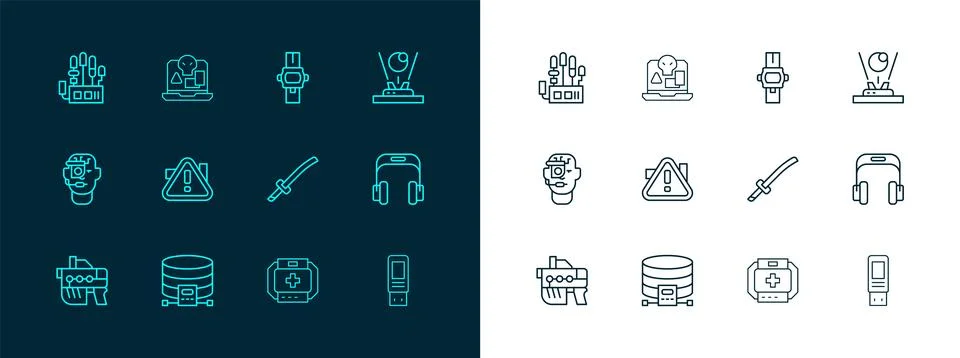 Set line Hologram, Cloud database, Katana, First aid kit, Exclamation mark .. Stock Illustration