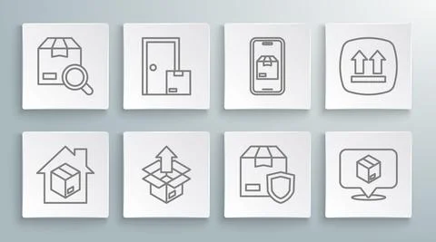 Set line Home delivery services, Unboxing, Delivery security with shield 库存插图