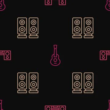 Set line Home stereo with two speakers, Stereo and Guitar on seamless pattern イラスト素材