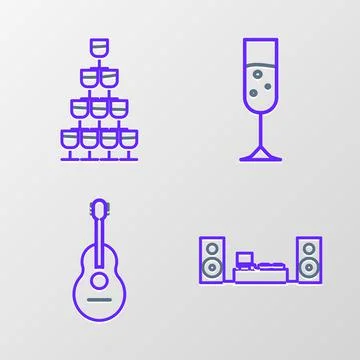 Set line Home stereo with two speakers, Guitar, Glass of champagne and Wine Illustrazione stock