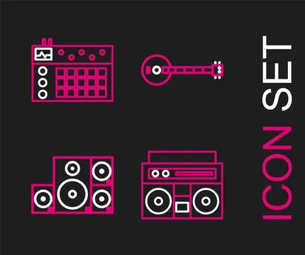 Set line Home stereo with two speakers, Stereo, Banjo and Drum machine icon Illustrazione stock