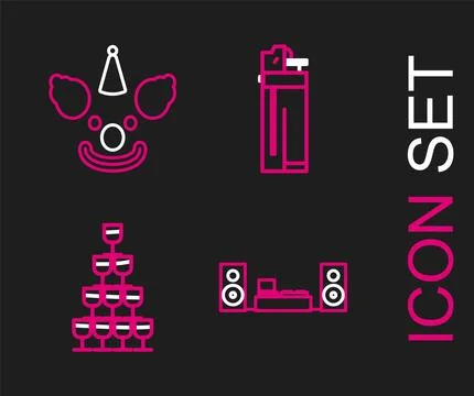 Set line Home stereo with two speakers, Wine glasses stacked in pyramid tow.. Illustrazione stock
