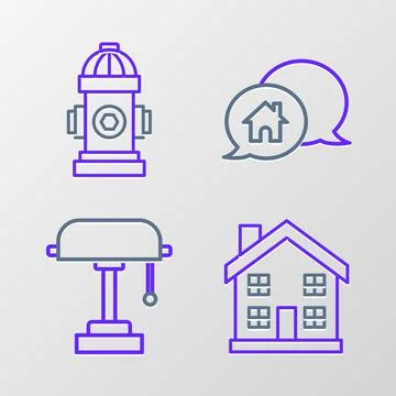 Set line Home symbol, Table lamp, House building in speech bubble and Fire Ilustración de archivo