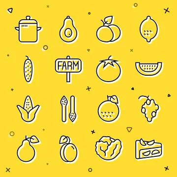 Set line Homemade fruit pie, Grape, Watermelon, Mango, Location farm, Cucumber Stock Illustration