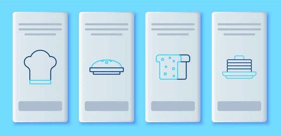 Set line Homemade pie, Bread toast, Chef hat and Stack of pancakes icon. Vect Stock Illustration