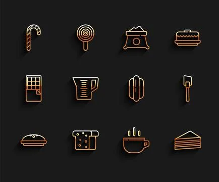 Set line Homemade pie, Bread toast, Christmas candy cane, Coffee cup, Cake,.. Stock Illustration