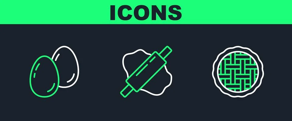 Set line Homemade pie, Easter eggs and Rolling pin on dough icon. Vector 스톡 일러스트