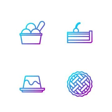 Set line Homemade pie, Pudding custard, Ice cream bowl and Cherry cheesecake. Stock Illustration
