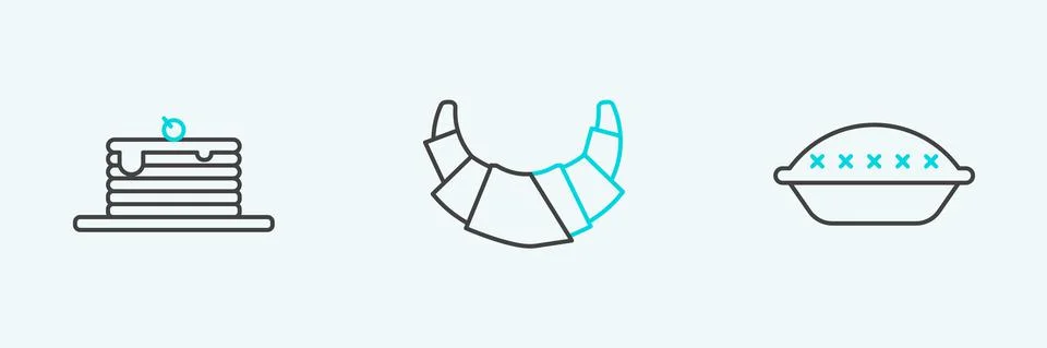 Set line Homemade pie, Stack of pancakes and Croissant icon. Vector Stock Illustration