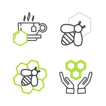 Set line Honeycomb and hands, Bee honeycomb,  and Cup of tea with icon. Vecto Stock Illustration