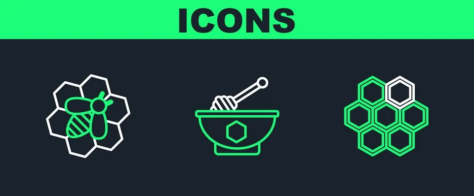 Set line Honeycomb, Bee and honeycomb and dipper stick bowl icon. Vector Stock Illustration
