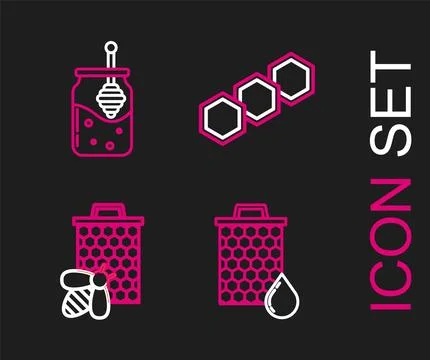 Set line Honeycomb, Bee and honeycomb,  and Jar of dipper stick icon. Vector Stock Illustration
