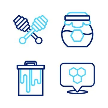 Set line Honeycomb bee location, Jar of honey and dipper stick icon. Vector Stock Illustration