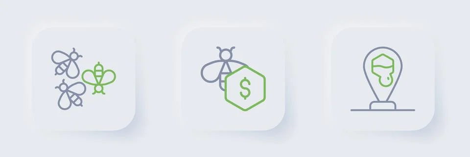 Set line Honeycomb bee location, Sale of bees and Bees icon. Vector Stock Illustration