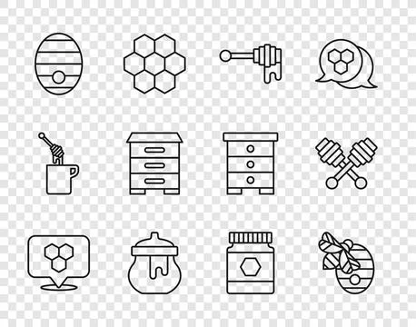 Set line Honeycomb bee location, Hive for bees, dipper stick with honey, Ja.. Stock Illustration