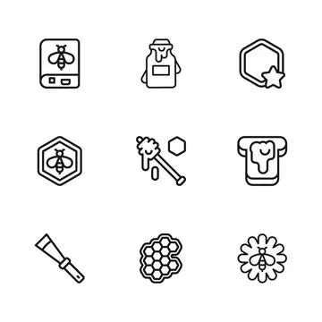 Set line Honeycomb, Bread with honey, Bee flower, dipper stick, Book about .. Ilustración de archivo
