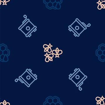 Set line Honeycomb, extractor and Bees on seamless pattern. Vector Stock Illustration