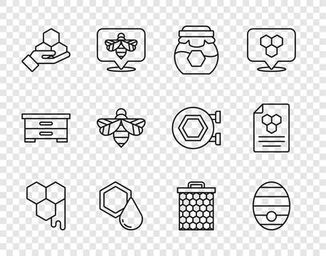 Set line Honeycomb, Hive for bees, Jar of honey, and hand, Bee,  and  icon... Stock Illustration