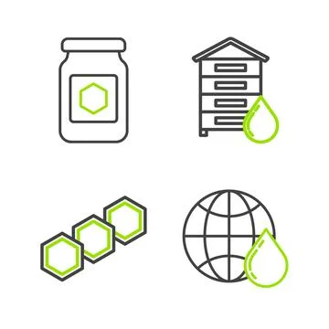 Set line Honeycomb map of the world, Hive for bees and Jar honey icon. Vector Stock Illustration