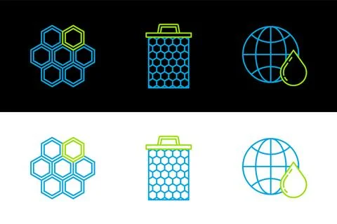 Set line Honeycomb map of the world,  and  icon. Vector Stock Illustration