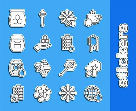 Set line Honeycomb map of the world, Bee and honeycomb, flower, hand, Jar, .. Stock Illustration