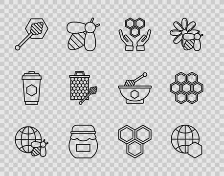 Set line Honeycomb map of the world and bee, hands, Jar honey, dipper stick.. Stock Illustration