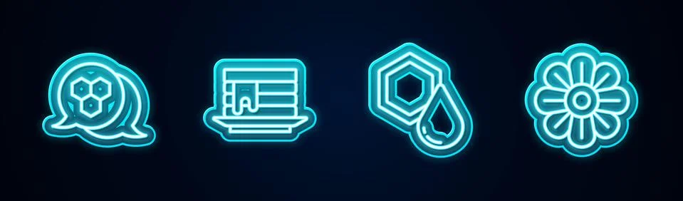 Set line Honeycomb, Stack of pancakes, and Flower. Glowing neon icon. Vector Illustrazione stock