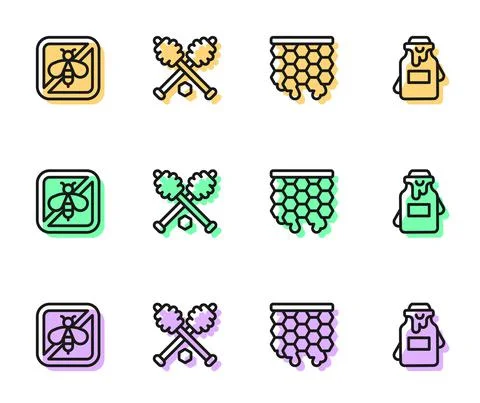 Set line Honeycomb, Stop bee, dipper stick and Jar of honey icon. Vector Stock Illustration