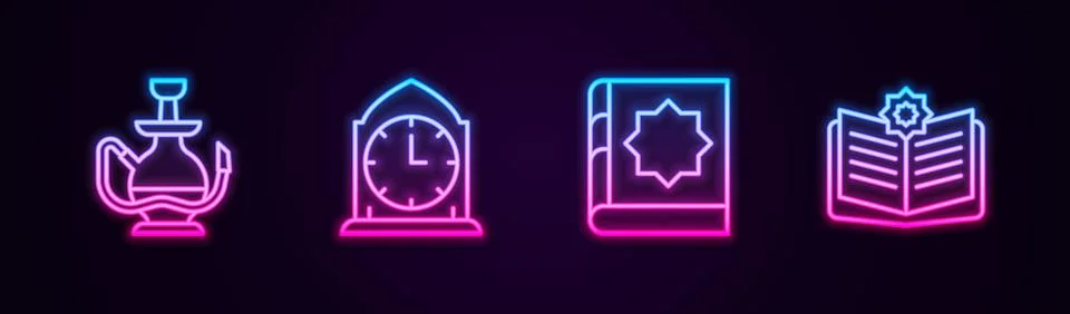 Set line Hookah, Clock, Holy book of Koran and . Glowing neon icon. Vector Illustrazione stock