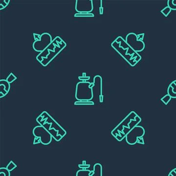 Set line Hookah, Heartbeat increase and Candy on seamless pattern. Vector Stock Illustration
