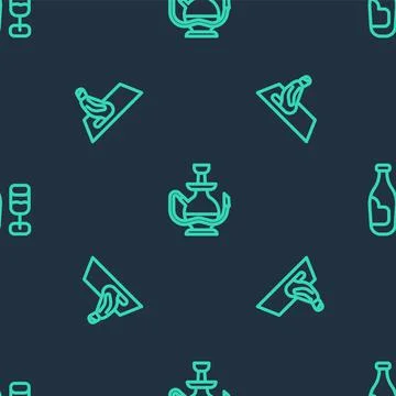 Set line Hookah, Muslim man prays and Wine bottle with glass on seamless pattern Stock Illustration