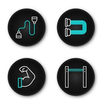 Set line Horizontal bar, Bodybuilder muscle, Chest expander and  icon. Vector Stock Illustration