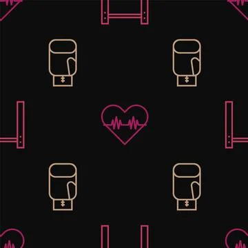Set line Horizontal bar, Boxing glove and Heart rate on seamless pattern. Vector Stock Illustration