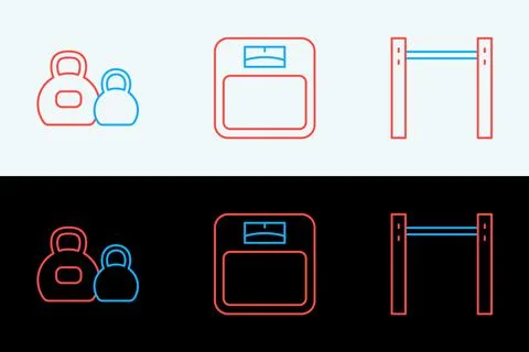 Set line Horizontal bar, Kettlebell and Bathroom scales icon. Vector Stock Illustration