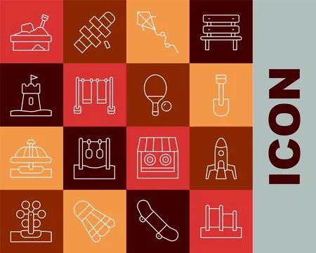 Set line Horizontal bar, Rocket ship, Shovel toy, Kite, Double swing, Sand tower Ilustração Stock