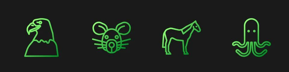 Set line Horse, Eagle head, Rat and Octopus. Gradient color icons. Vector Stock Illustration