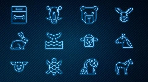 Set line Horse, head, Bear, Whale tail in ocean wave, Rabbit, Dog bone, Sheep Illustrazione stock