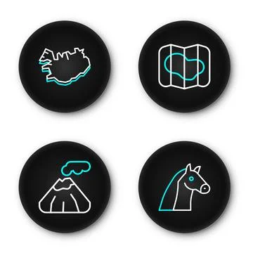 Set line Horse, Volcano, Map of Iceland and  icon. Vector Illustrazione stock