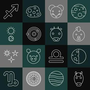 Set line Horse zodiac, Eclipse of the sun, Rooster, Rat, Solar system, Solstice Illustrazione stock