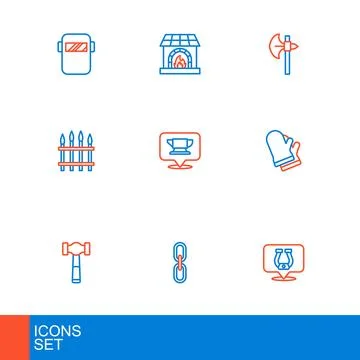Set line Horseshoe, Chain link, Hammer, Protective gloves, Classic iron fen.. Stock Illustration