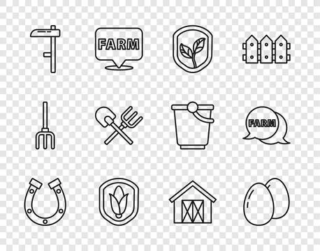 Set line Horseshoe, Chicken egg, Shield with leaf, corn, Scythe, Shovel and.. Stock Illustration
