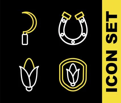 Set line Horseshoe, Shield corn, Corn and Sickle icon. Vector Ilustración de archivo
