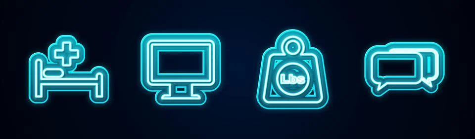 Set line Hospital bed, Computer monitor screen, Weight pounds and Chat. Glowi Stock Illustration
